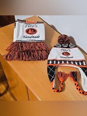 Tito's Pom-Pom Earflap Hat & Scarf Set- White Black & Orange Colors